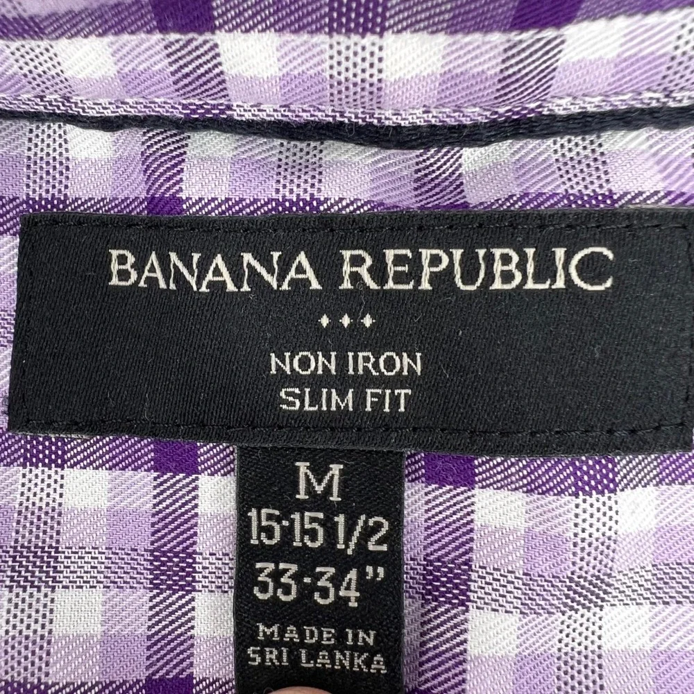 Banana Republic Non Iron Slim Fit Plaid Dress Shirt‎ Mens Medium Purple White